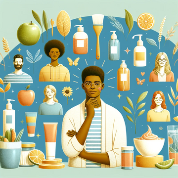 Empowering image showcasing diverse individuals with acne-prone skin, surrounded by skincare products and healthy foods in a home-clinic hybrid setting, symbolizing a positive approach to managing skin health and acne care.
