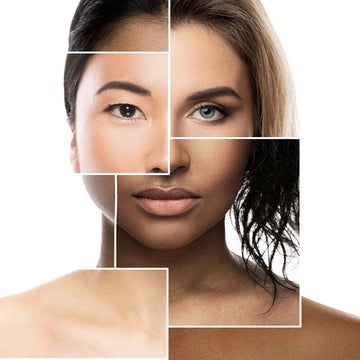 A girl with various skin types showcasing different skin care products - spot correctors, cleansers, serums, and more!