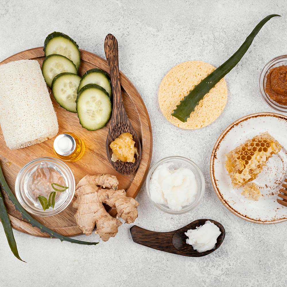 different natural ingredients on the table used for acne treatment