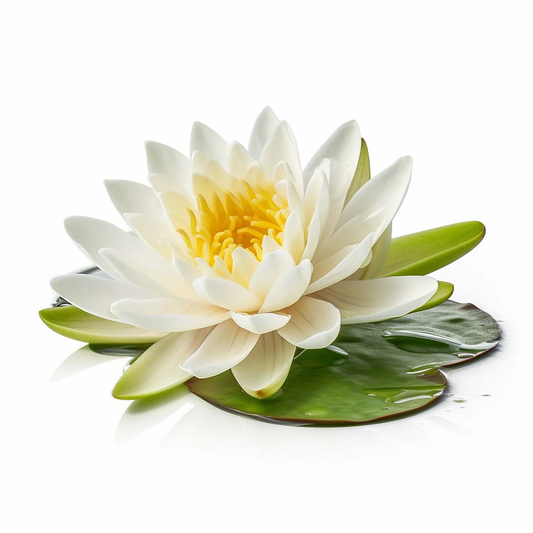 Nelumbo Nucifera Flower Hydrosol: Pure white water lily on a white background, representing serenity and calmness.